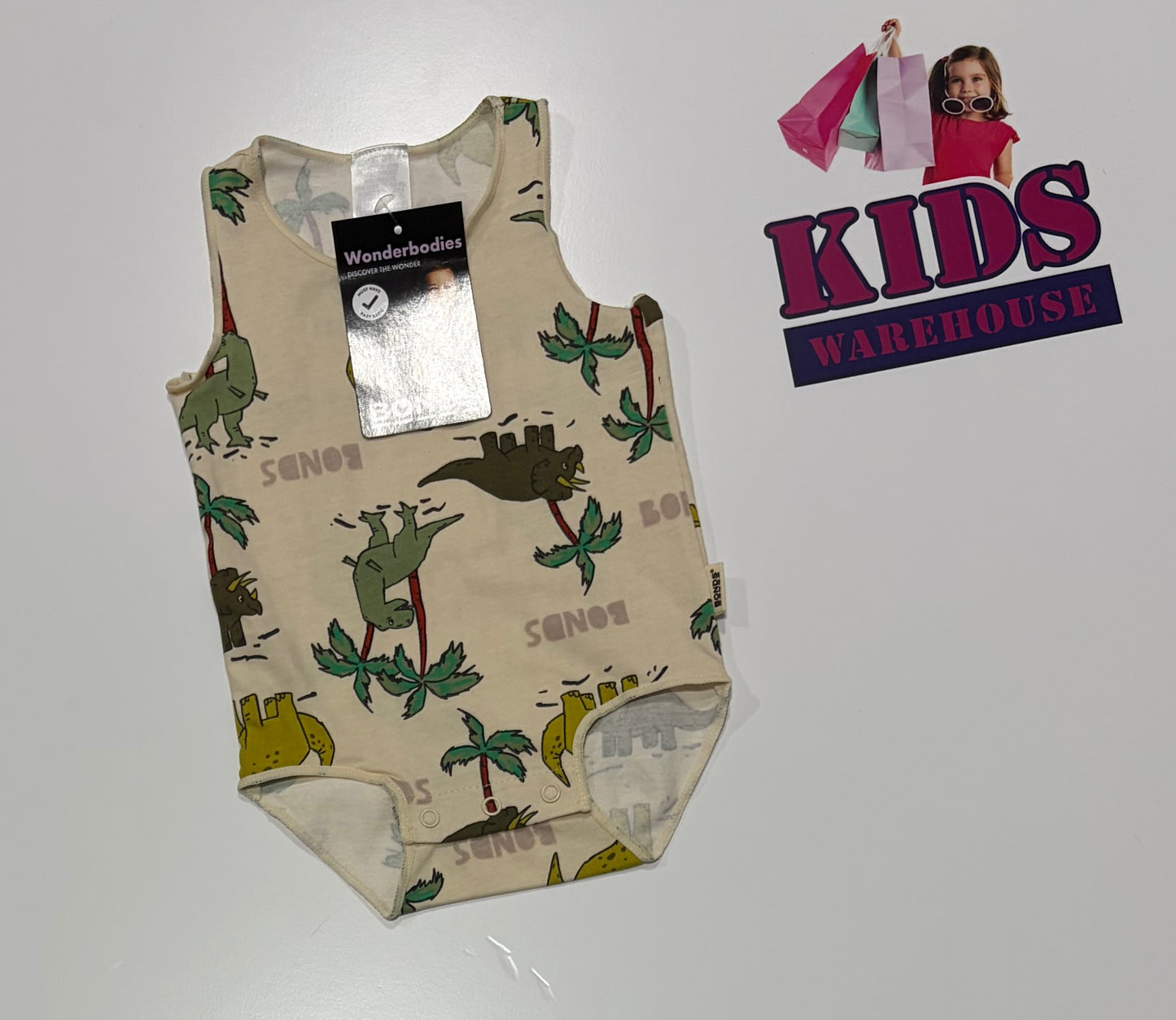 Not Used Bonds Cream, Dinosaur Print Bodysuit Size 000