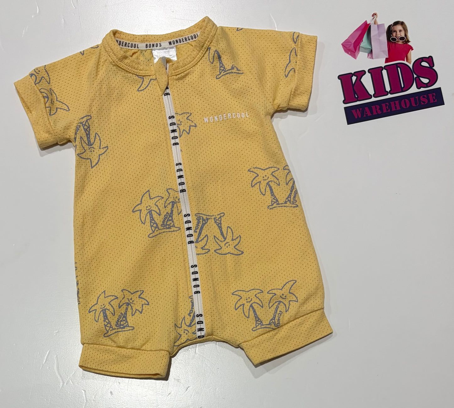 Bonds Wondersuit Yellow, Grey Palm Tree Jumpsuit Size 000