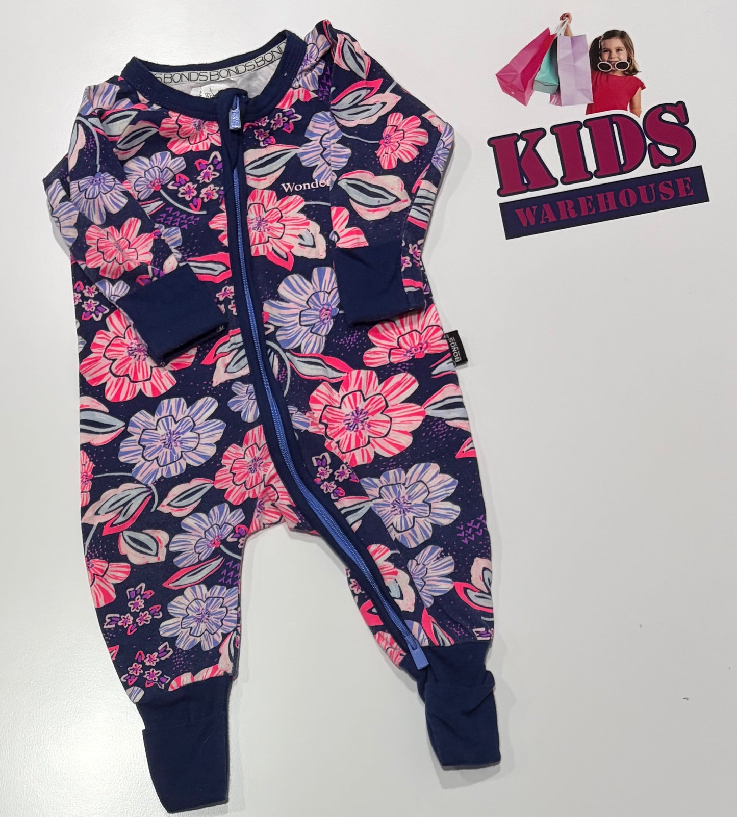 Bonds Wondersuit Navy Pink, Purple Floral Print Jumpsuit Size 000
