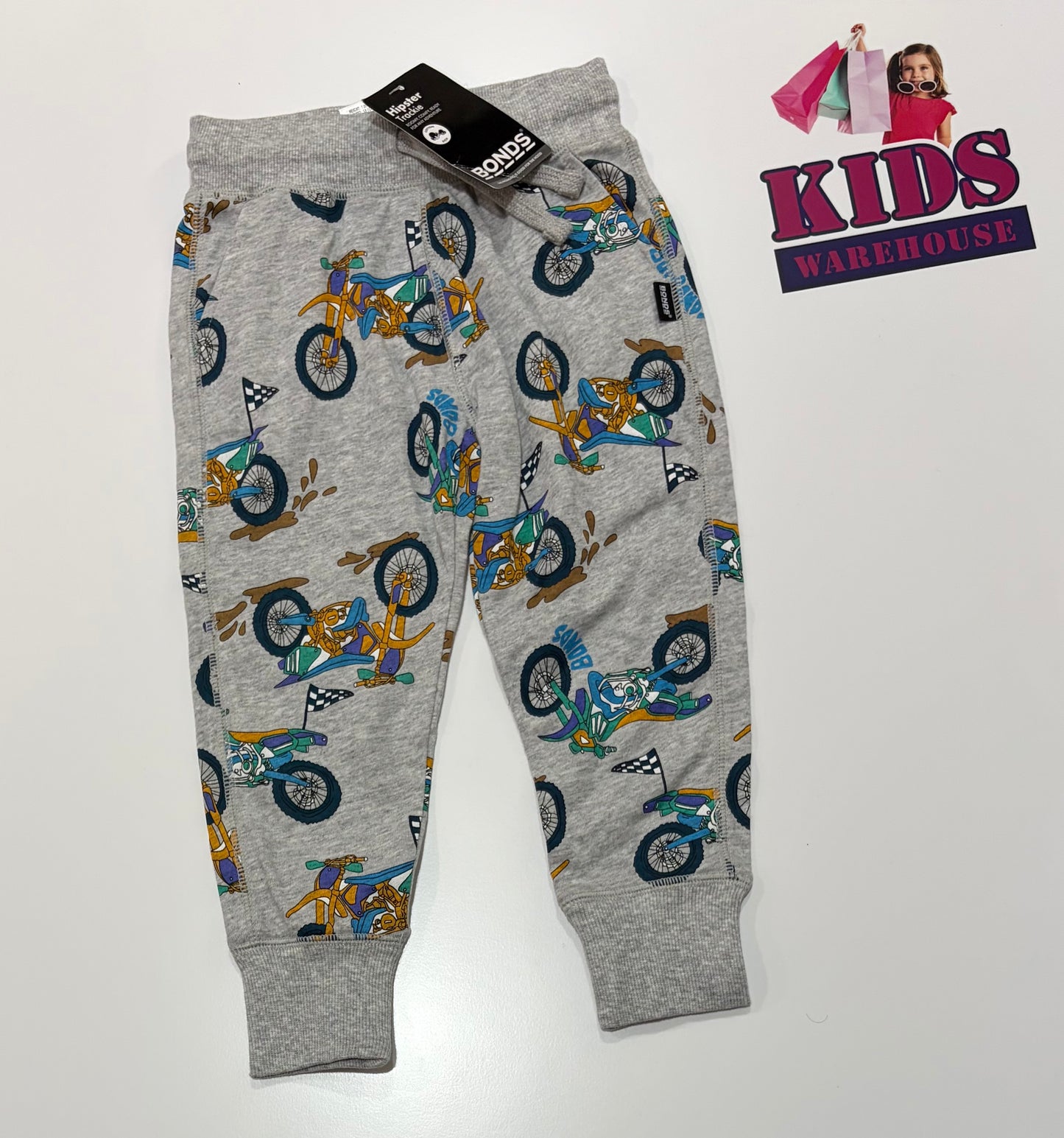 Not Used Bonds Grey, Motorbike Print Pants Size 3