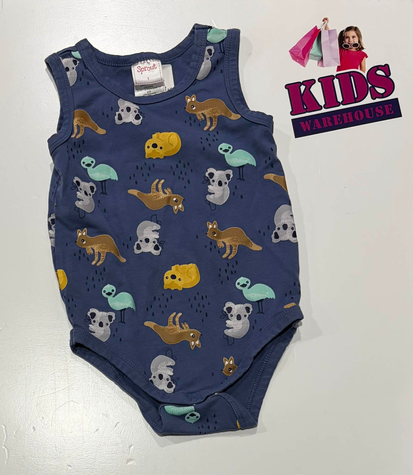 Sprout Blue Bodysuit With Aussie Animals Pattern Size 1