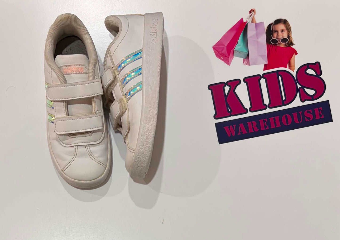 Adidas White, Shimmer Logo Runners Size US9/UK8.5 (Child)