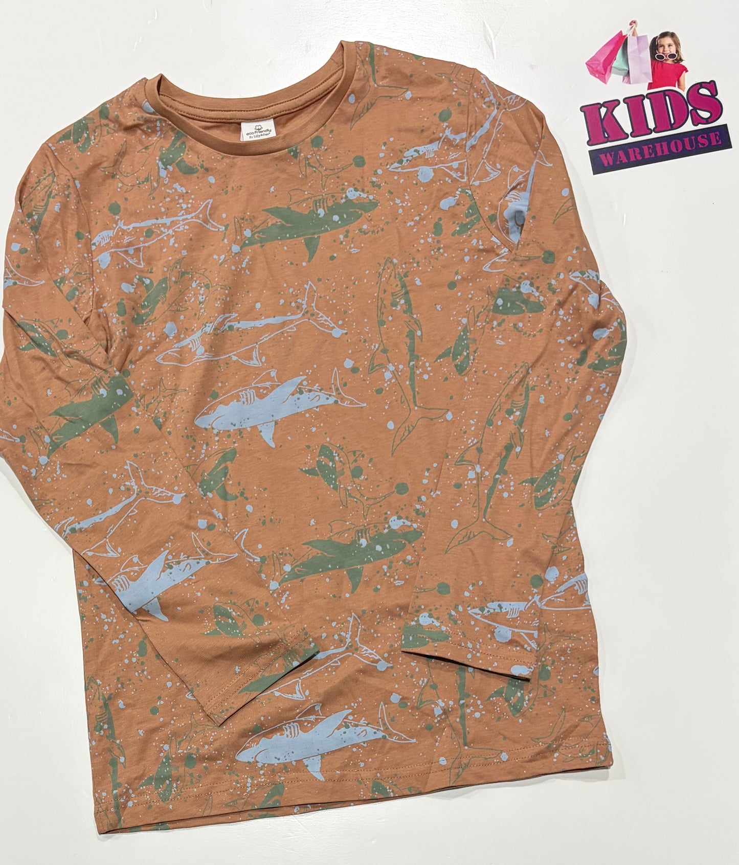 Lily & Dan Brown, Blue Shark Print Long Sleeve Top Size 10