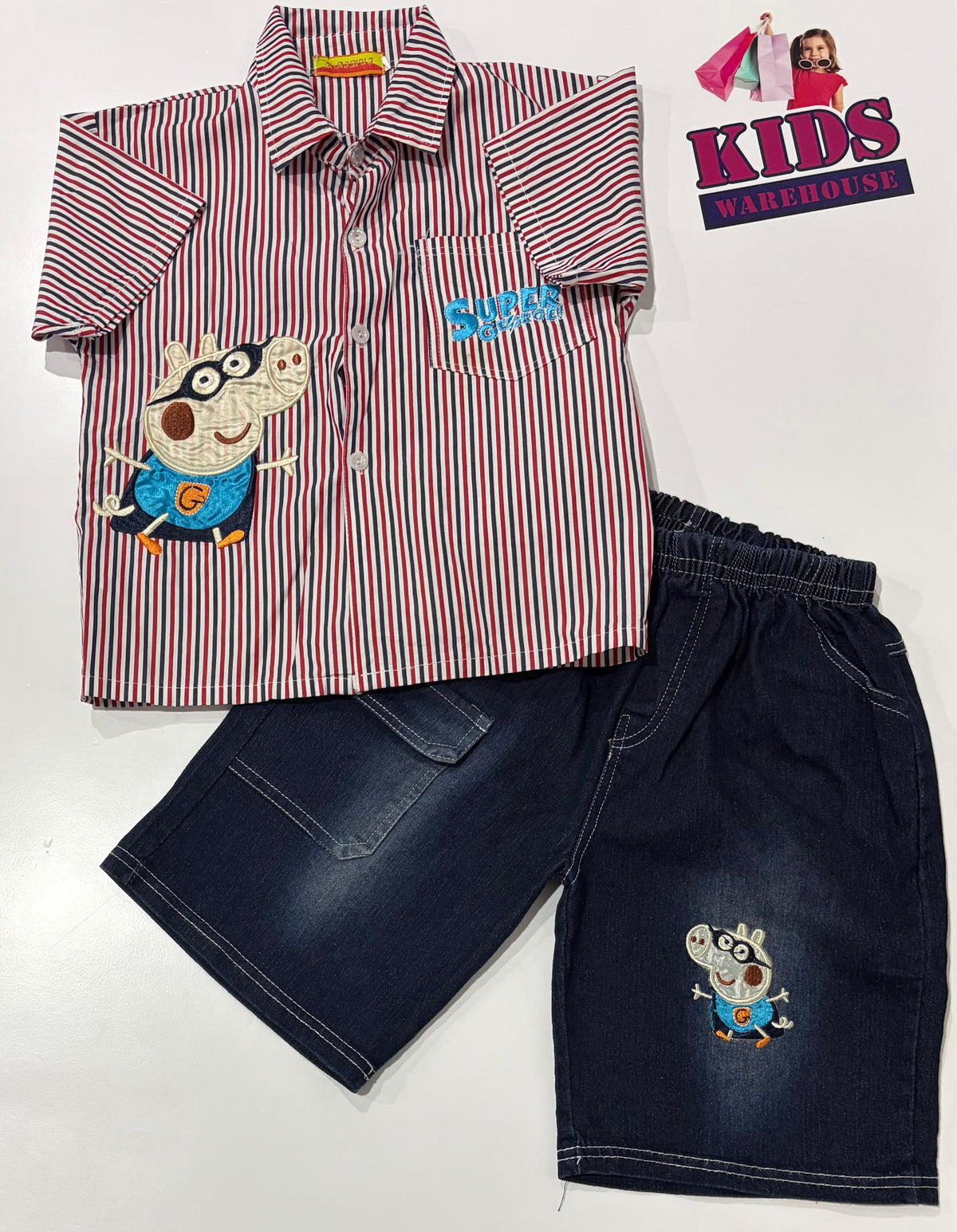 Red, Blue Stripe Super George Print Top & Dark Denim Pants 2 Piece Set Size 5
