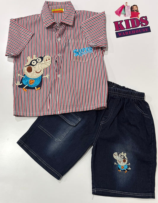 Red, Blue Stripe Super George Print Top & Dark Denim Pants 2 Piece Set Size 5