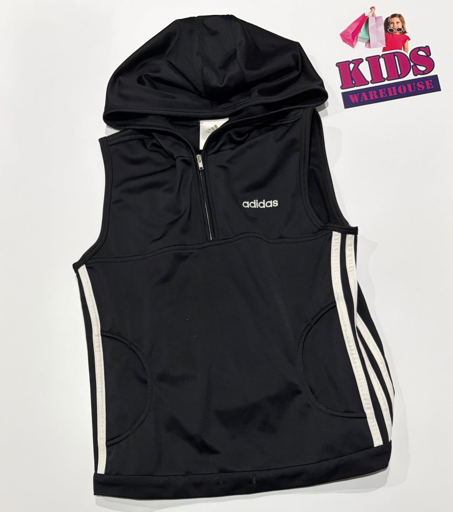 Adidas Black, White Stripe Sleeveless Hoodie Size 8