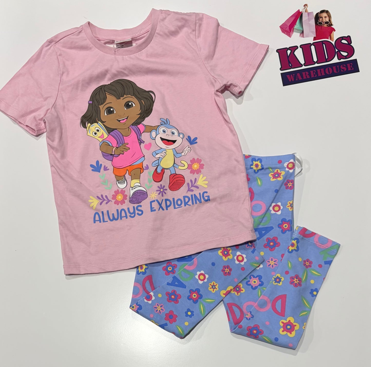 Dora Pink, Always Exploring Print Top & Blue, Floral Print Pants 2 Piece Set Size 4