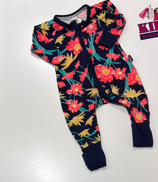 Bonds Dark Blue Wondersuit With Pink & Yellow Flower Pattern Size 000