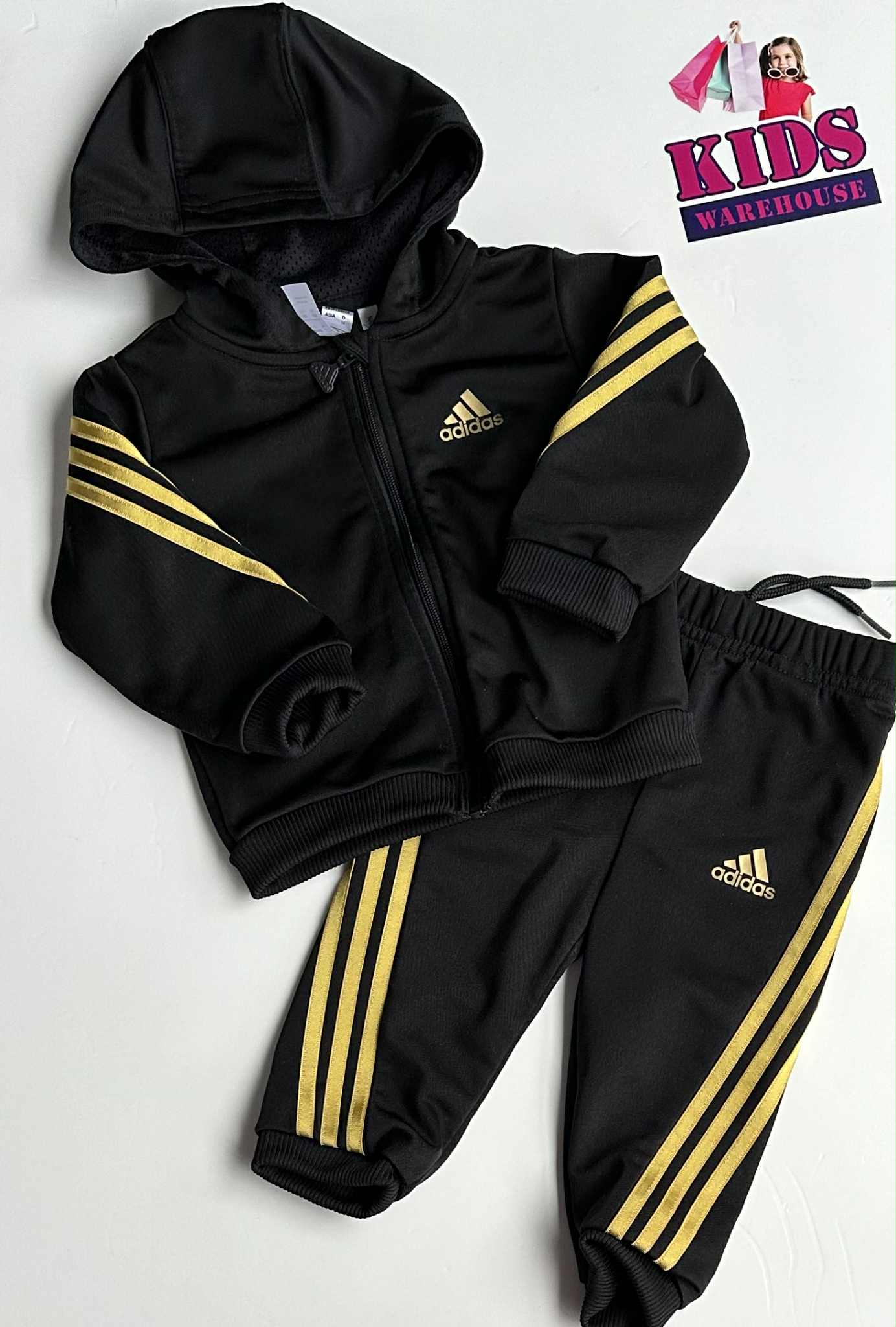 Adidas Black, Gold Stripe Print Hoodie And Pants Set Size 0