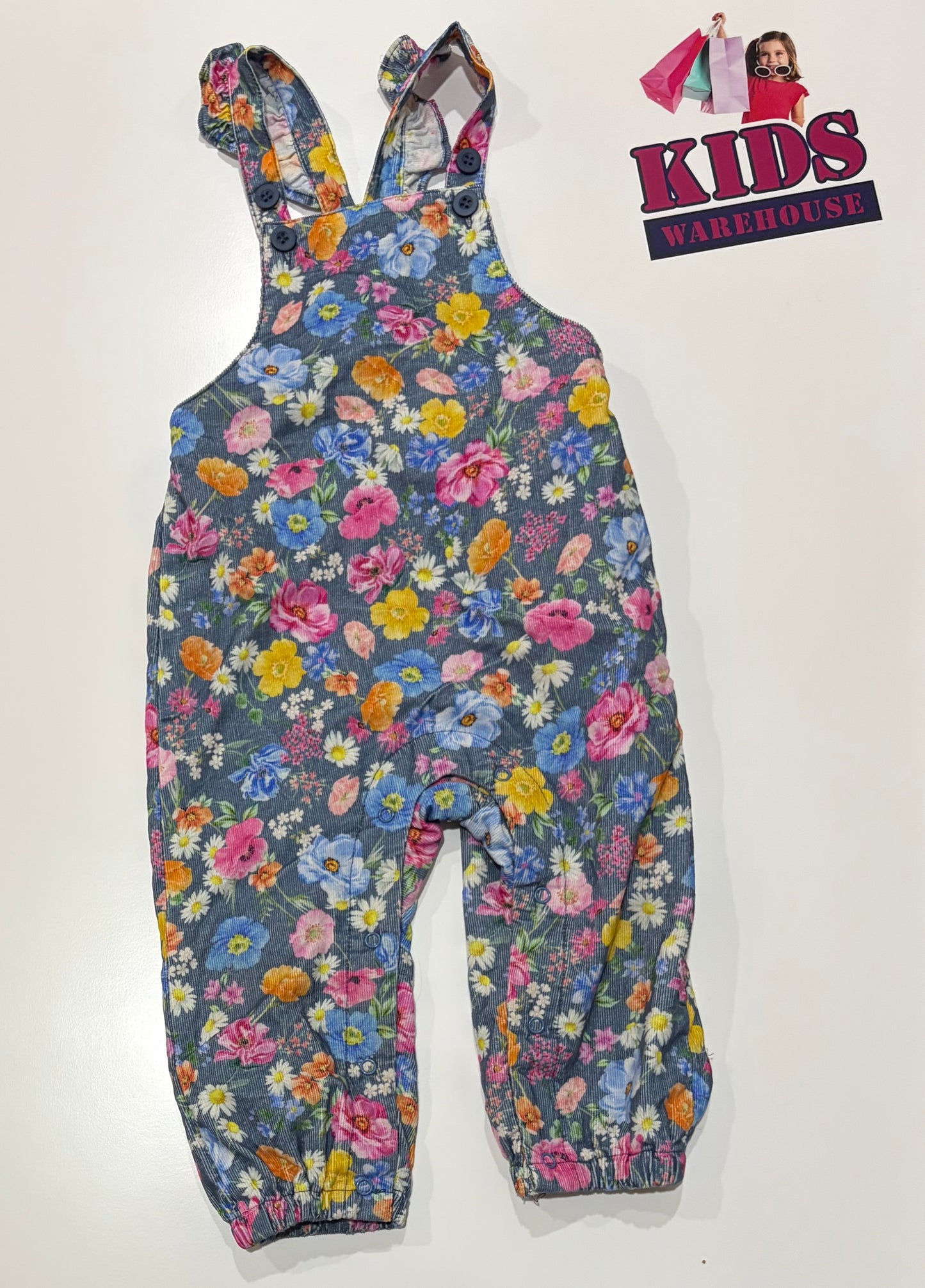 Ollie's Place Navy Blue, Floral Print Soft Corduroy Overalls Size 2