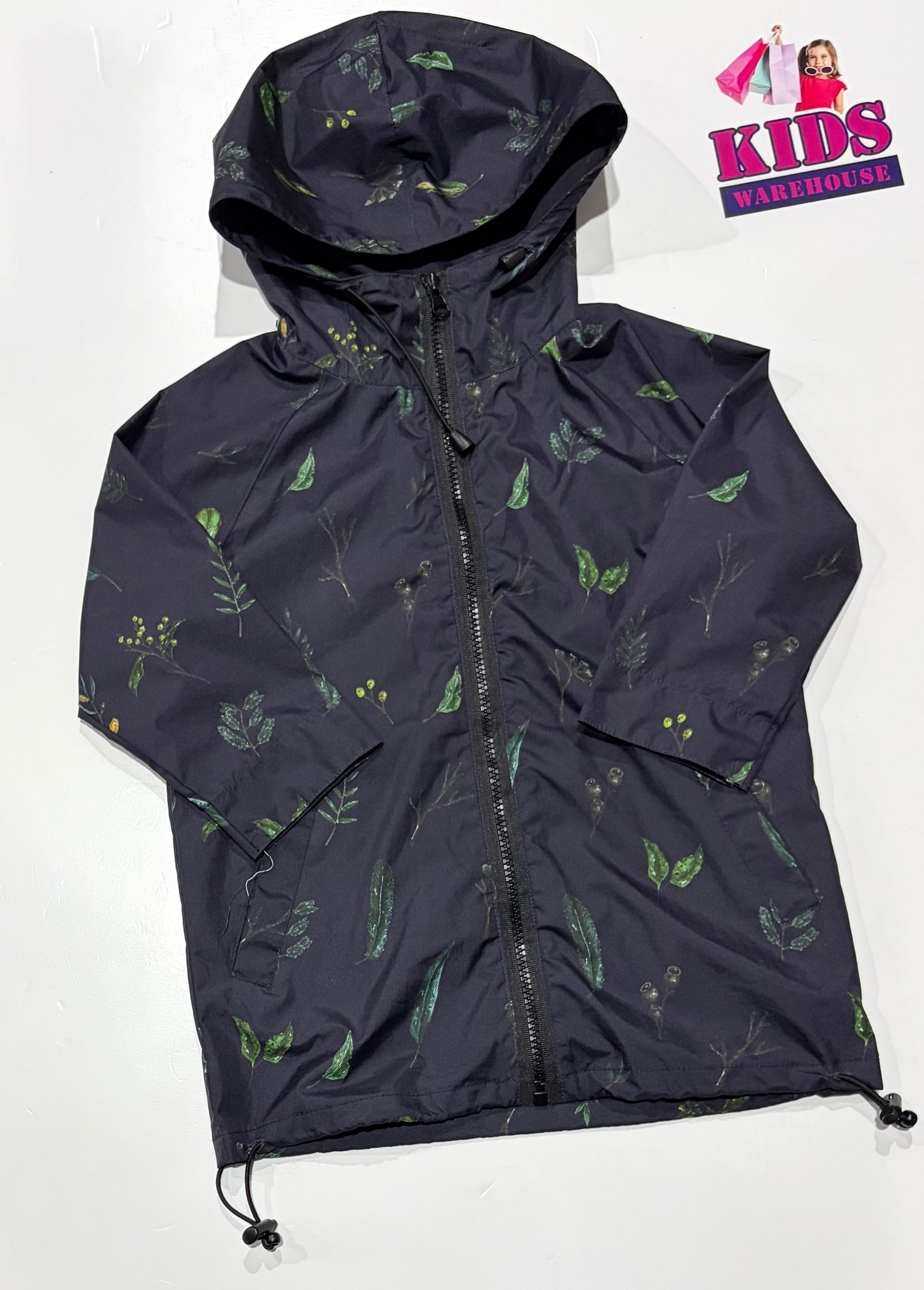 Black, Australian Animals Print Print Rain Coat Size 2