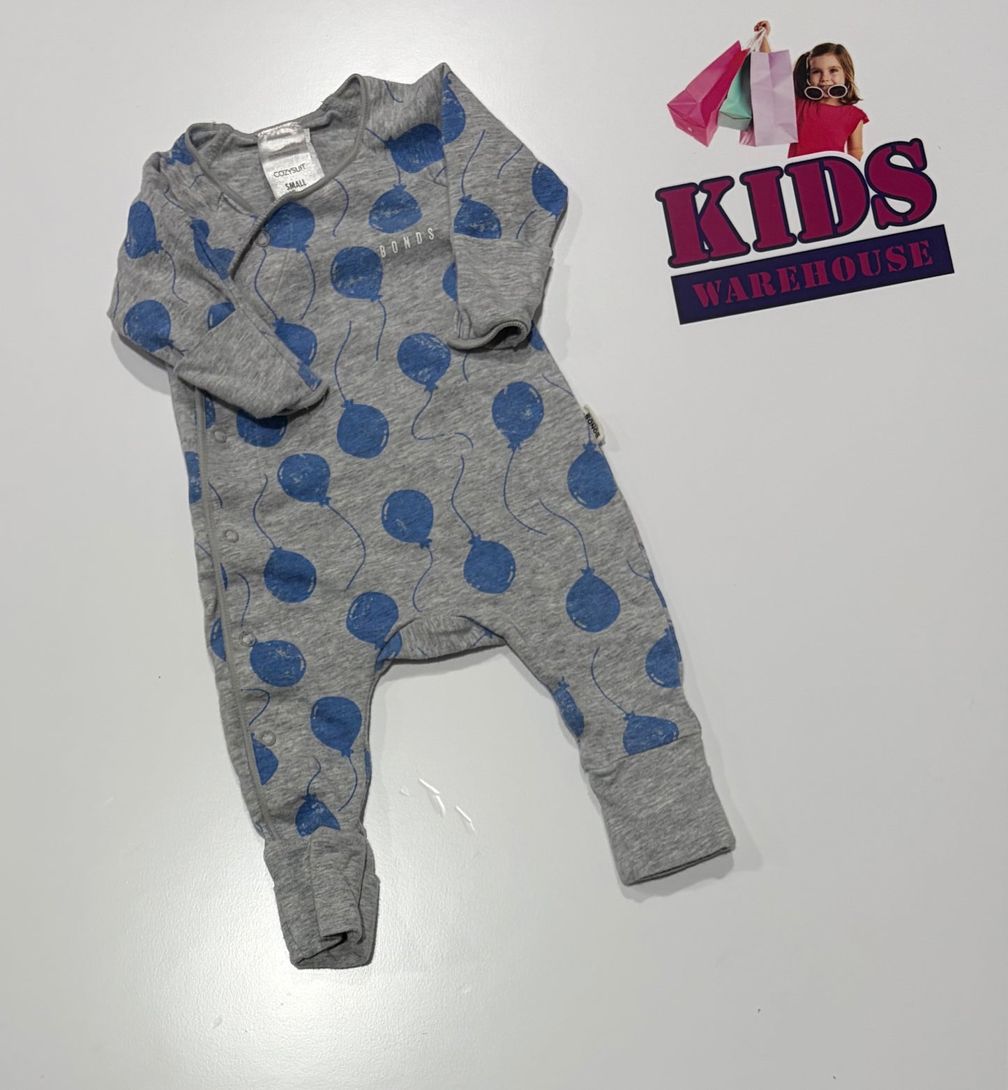 Bonds Grey, Blue Baloon Print Cozysuit Size 00000