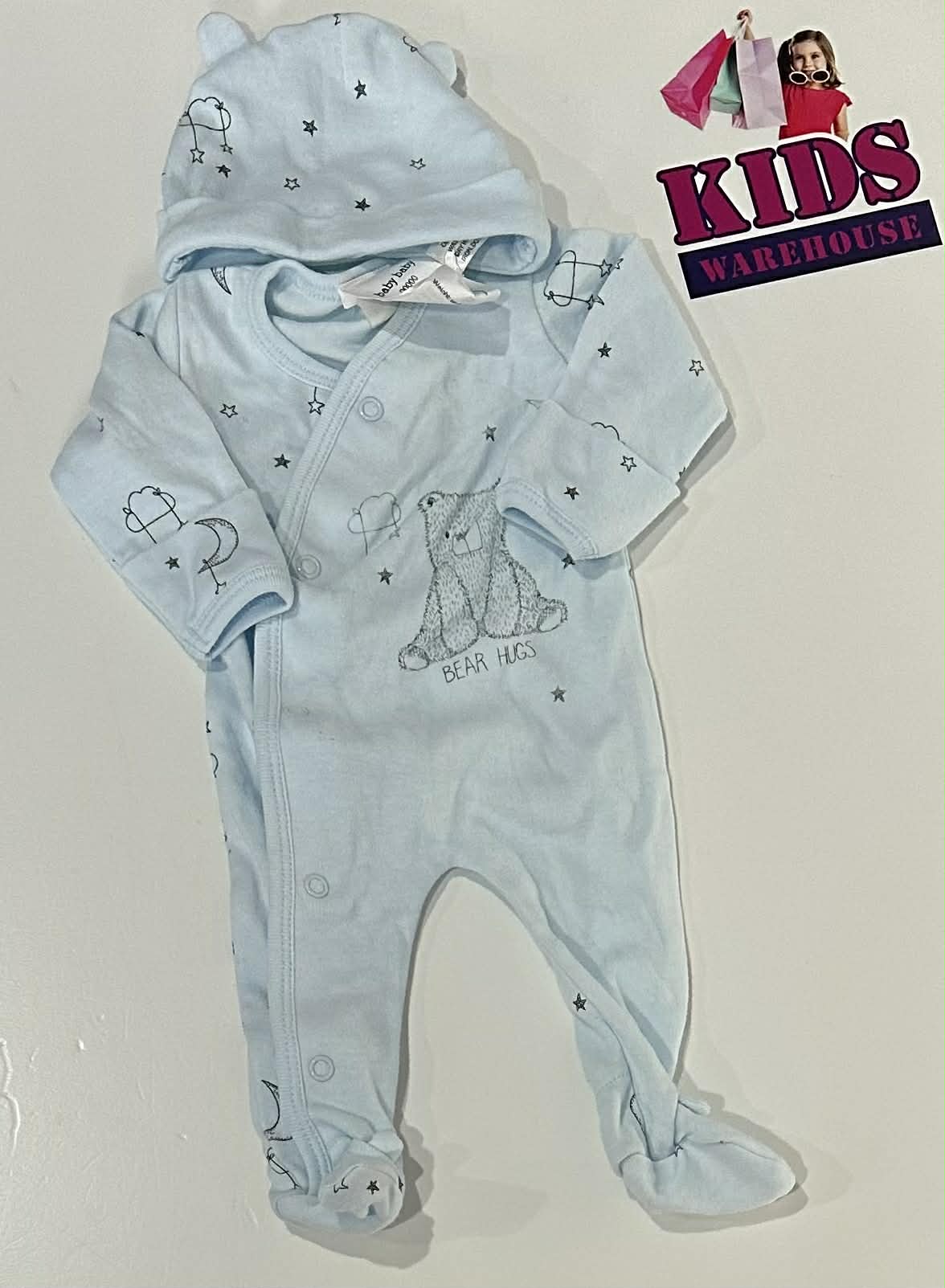 Premmie Baby Baby Blue Jumpsuit + Beanie With Bear & Star Pattern Size 00000