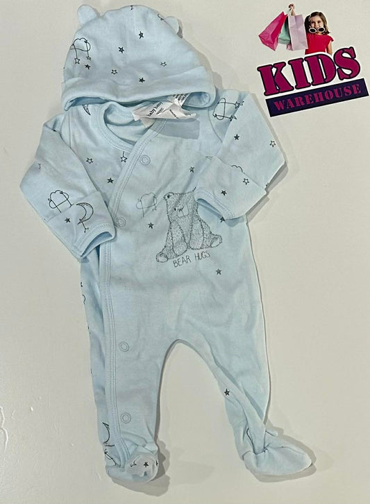 Premmie Baby Baby Blue Jumpsuit + Beanie With Bear & Star Pattern Size 00000