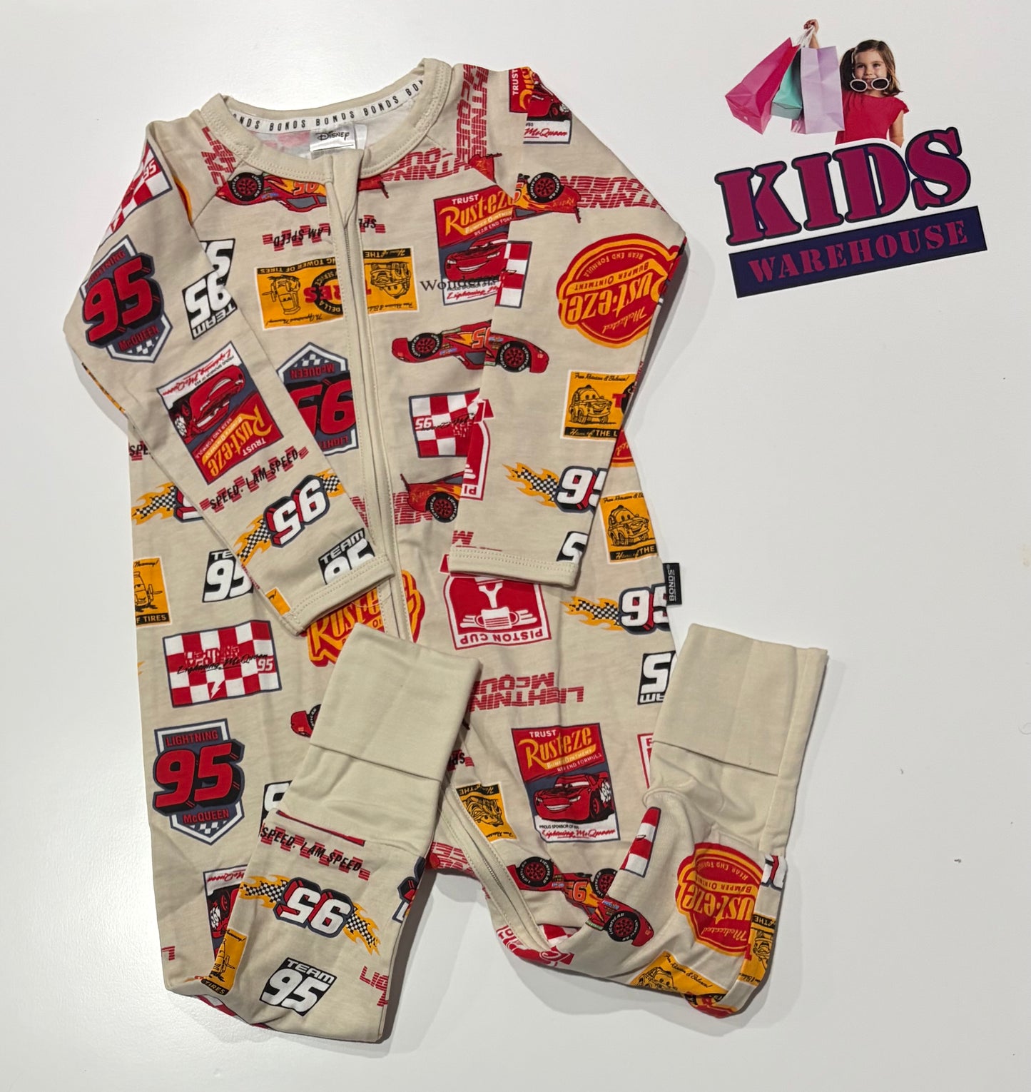 Disney X Bonds Wondersuit Brown, Lightning Mcqueen Print Jumpsuit Size 1