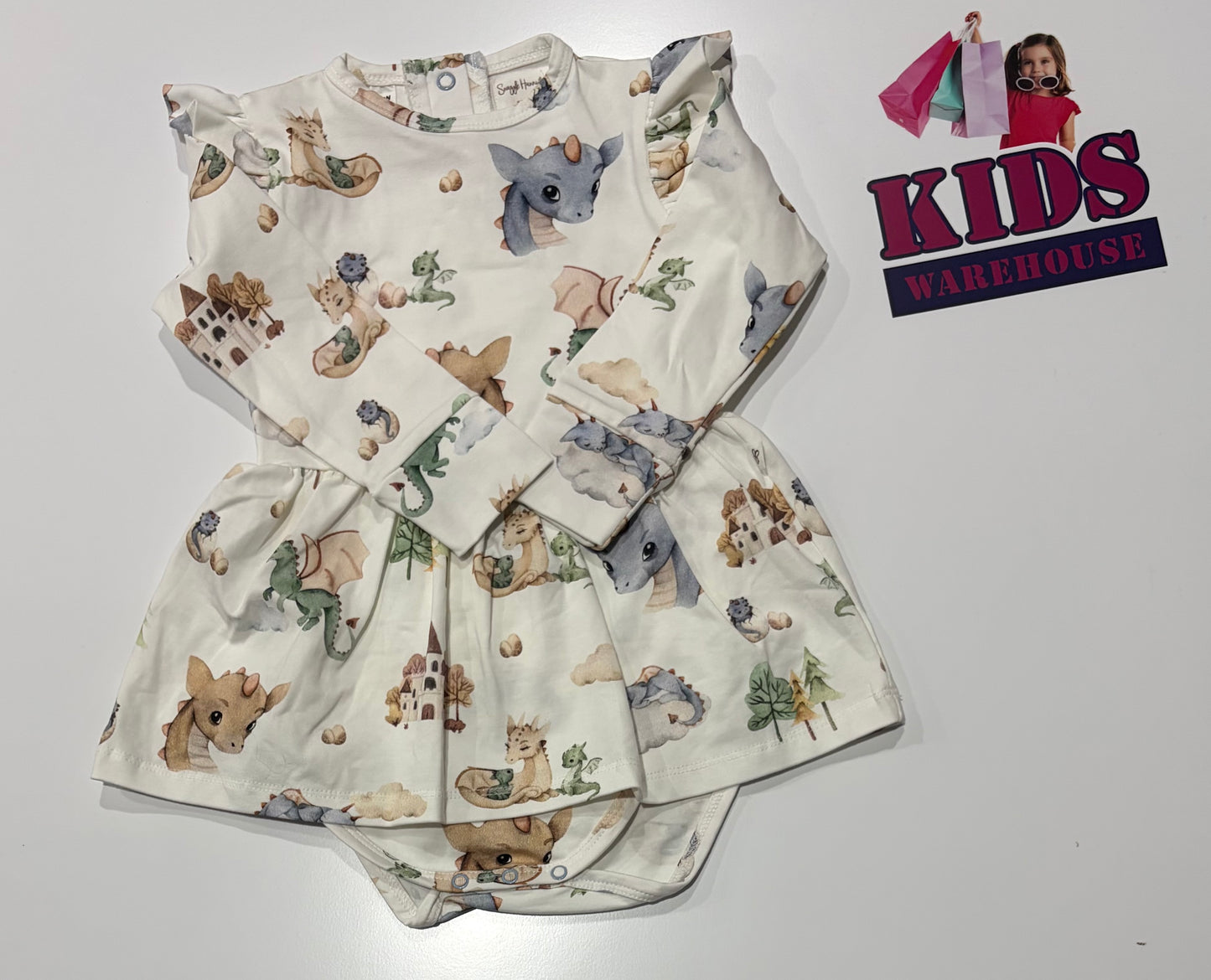 Snuggle Hunny White, Dragons Print Dress Size 1