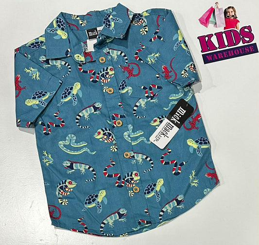 Mick Mack Blue Shirt With Lizard, Snake & Turtle Pattern Size 2
