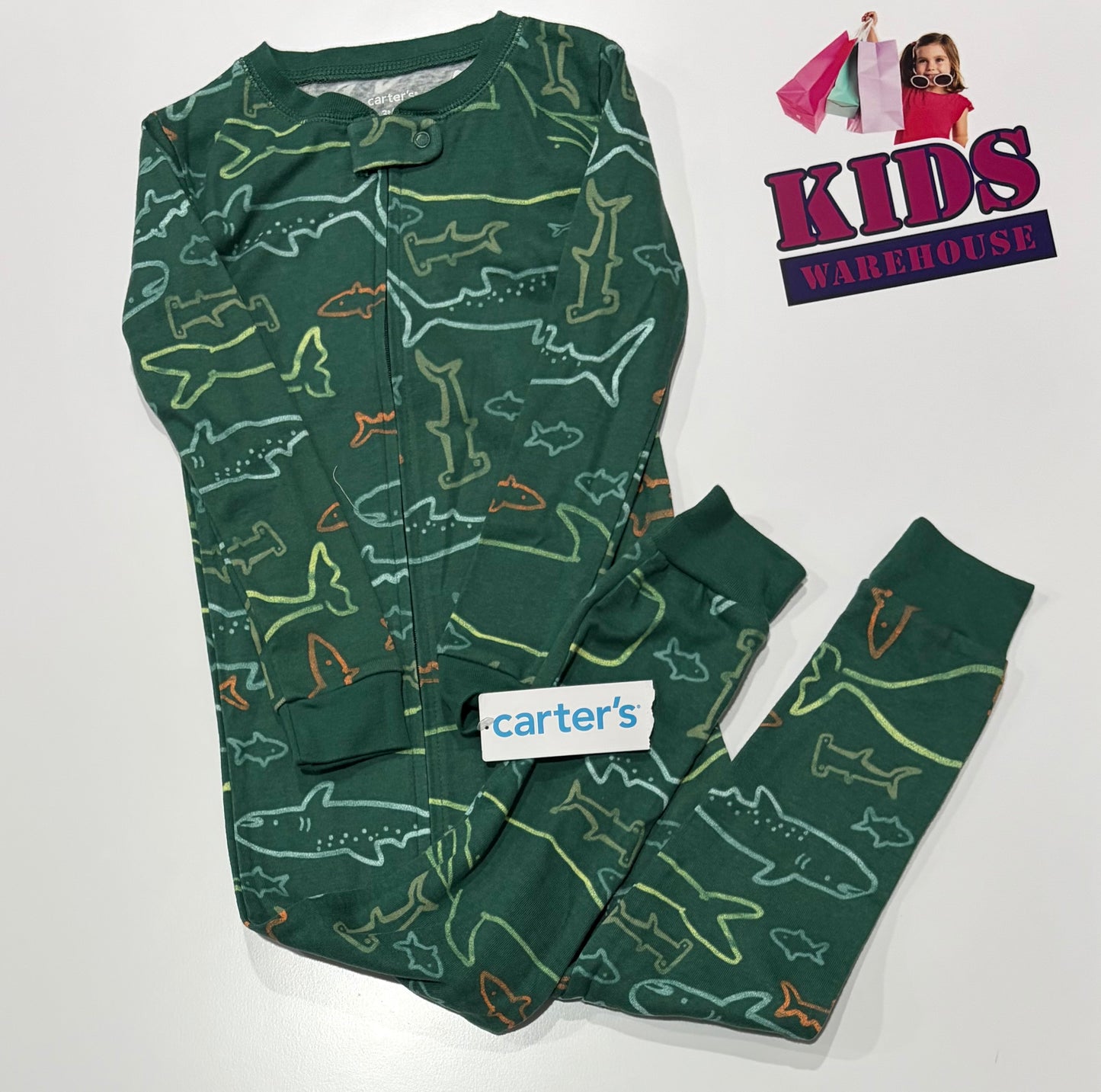 Not Used Carters Green, Shark Print Jumpsuit Size 3