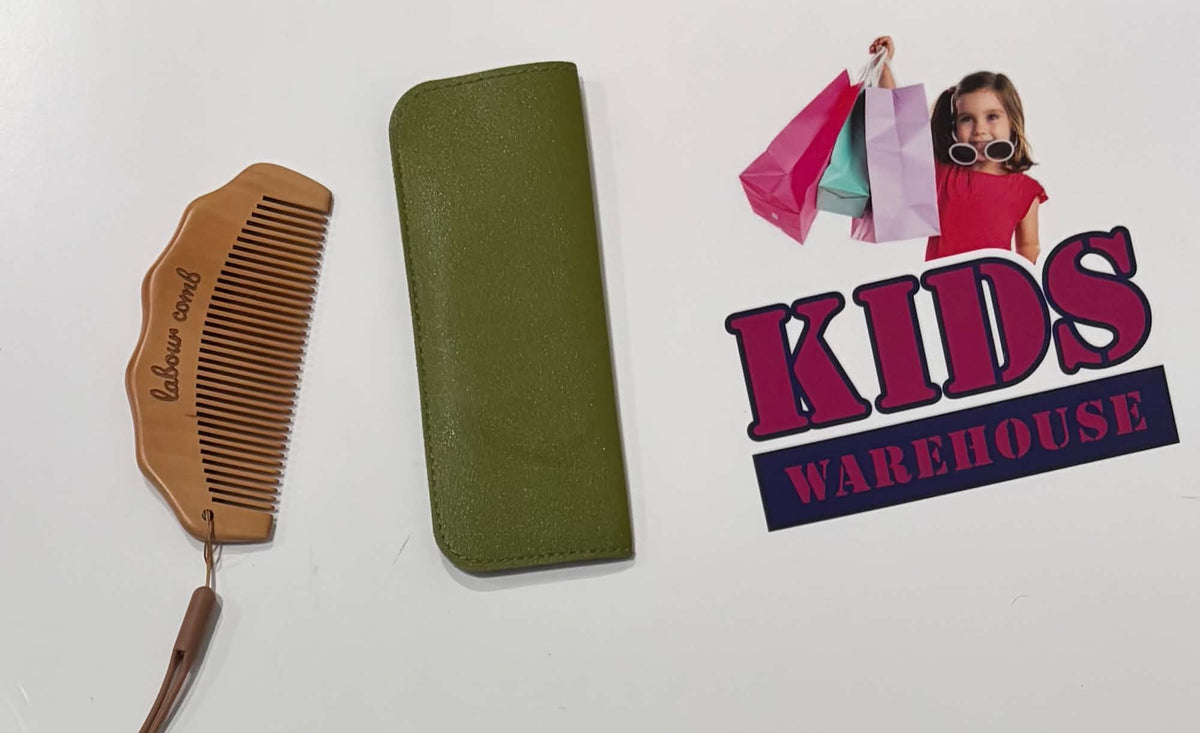 Wooden Labour Comb With Green Leather Pouch