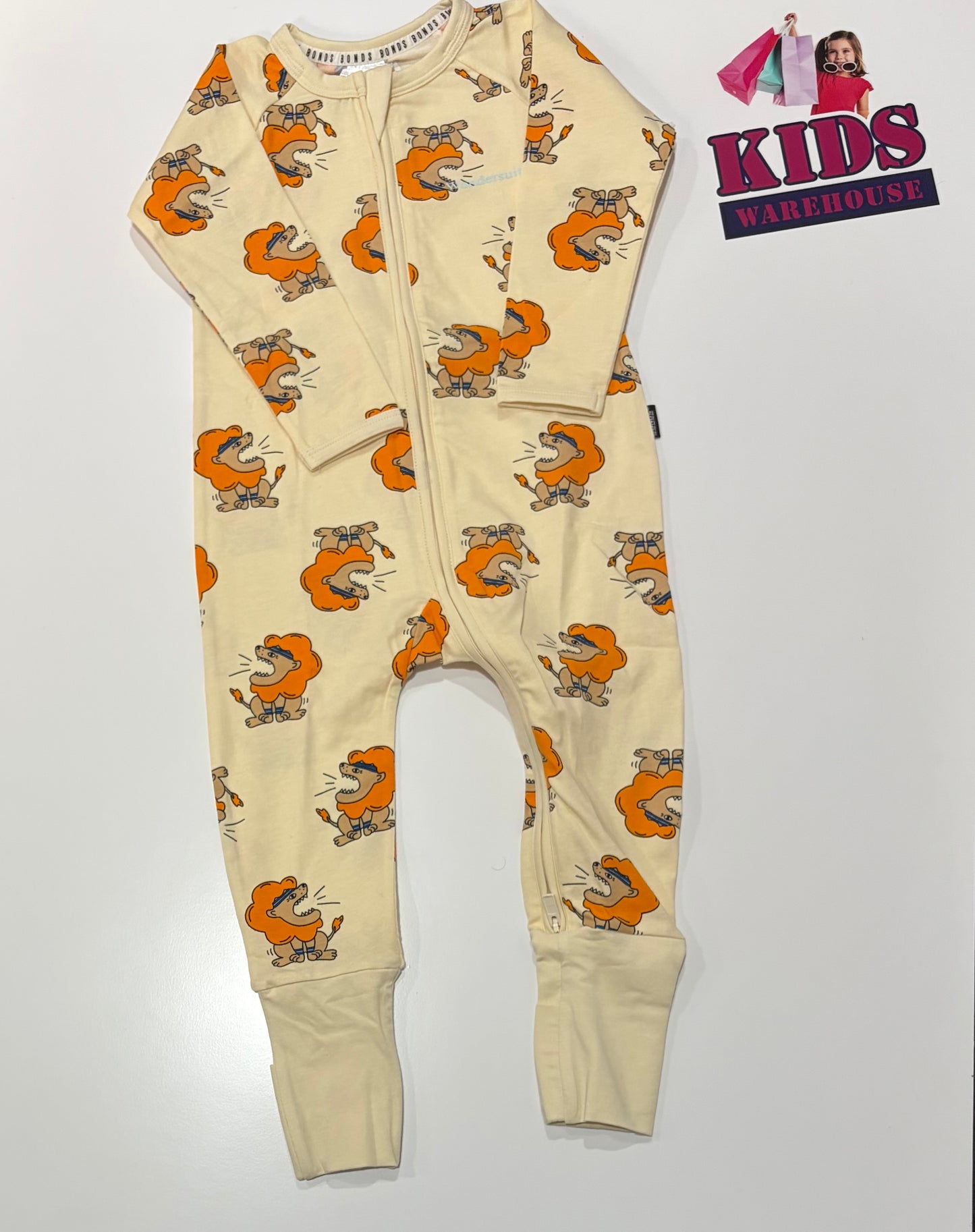 Bonds Wondersuit Cream, Lion Print Jumpsuit Size 1