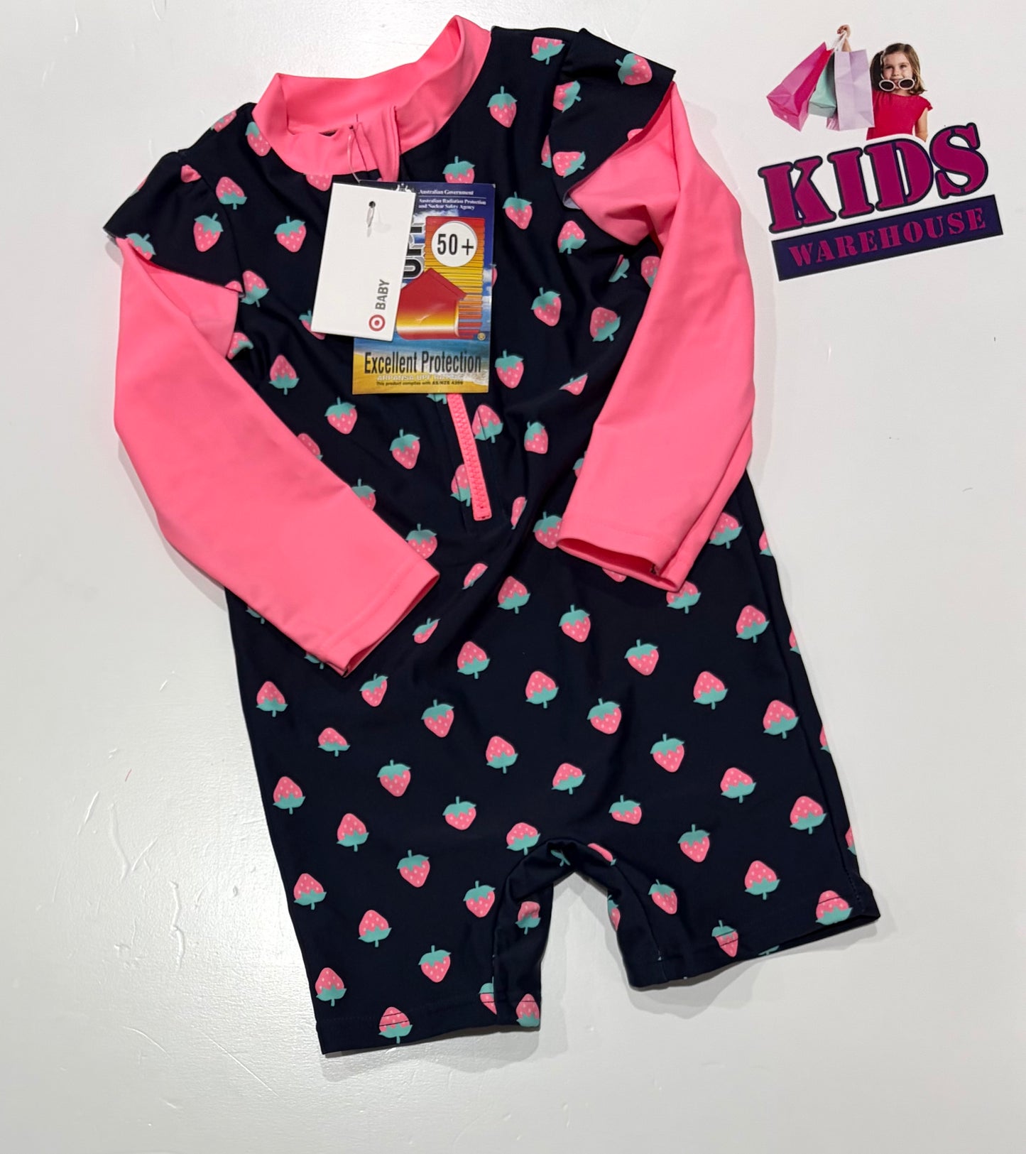 Not Used Black, Pink Strawberry Print Long Sleeve Rashie Size 1
