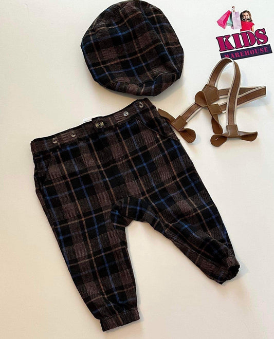 Brown & Blue Plaid Pant, Hat & Suspenders Set Size 0