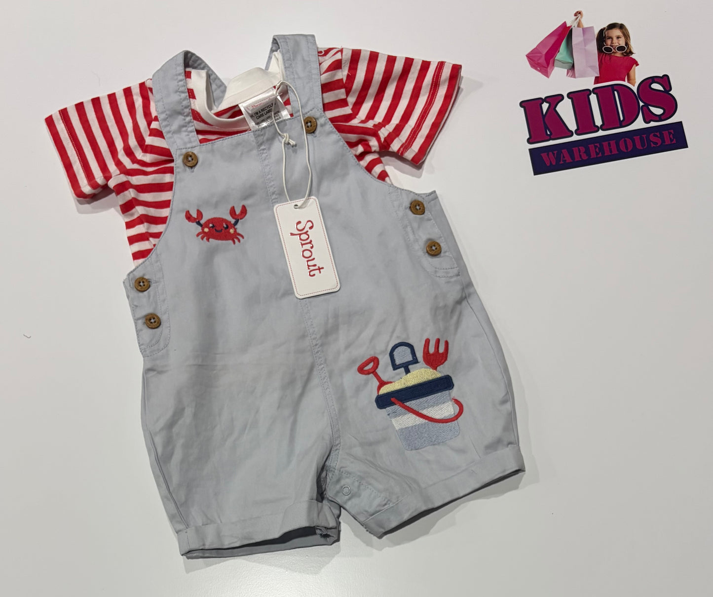 Not Used Sprout Light Blue, Crab Print Overalls & Red, White Stripe Top Size 0