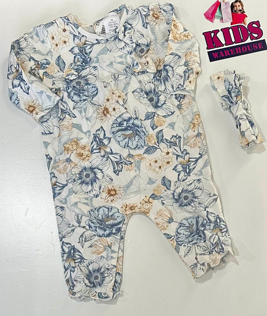 Kidding Around White & Blue Jumpsuit With Flower Pattern Size 00