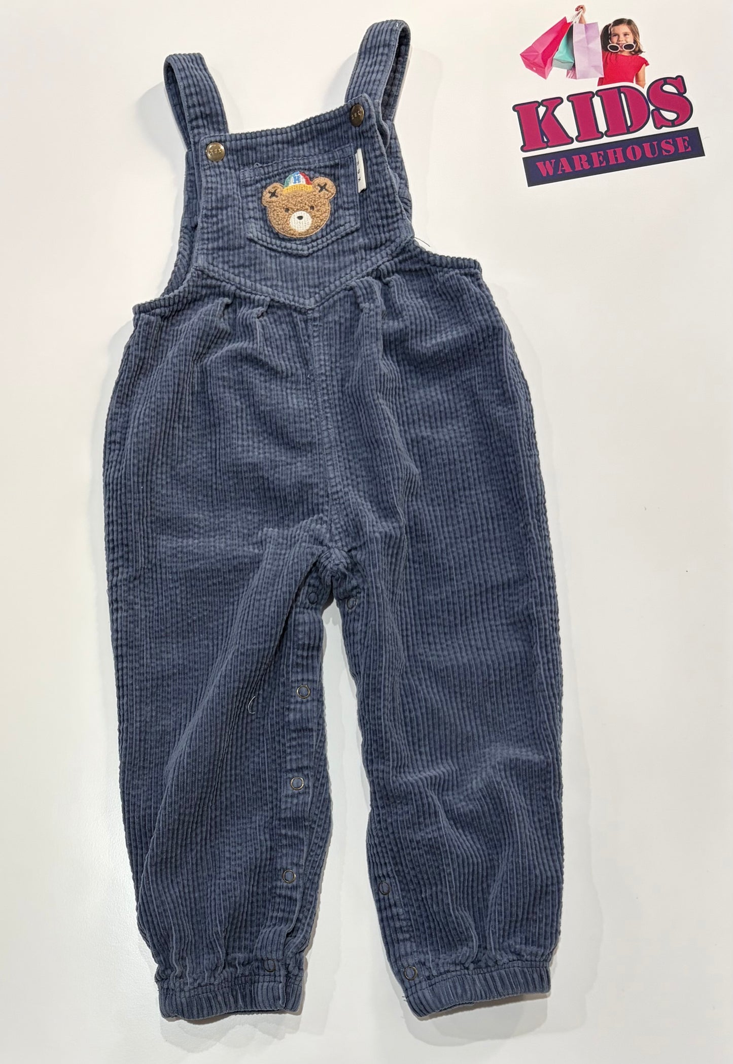 Hux Dark Blue Soft Corduroy, Bear Print Overalls Size 3