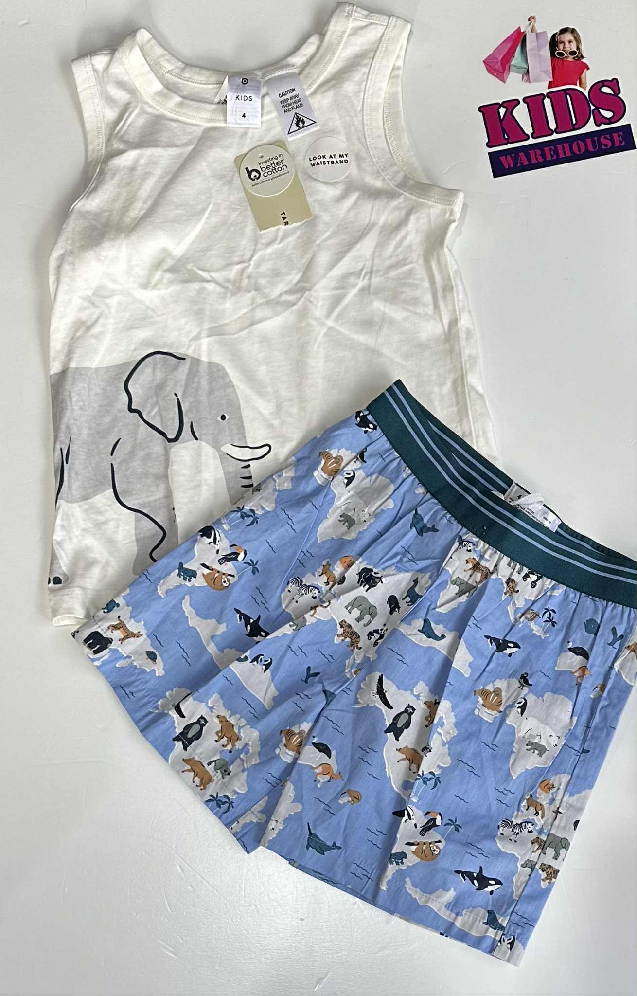 New Target White & Blue 2 Piece PJ Set With Elephant Pattern Size 4