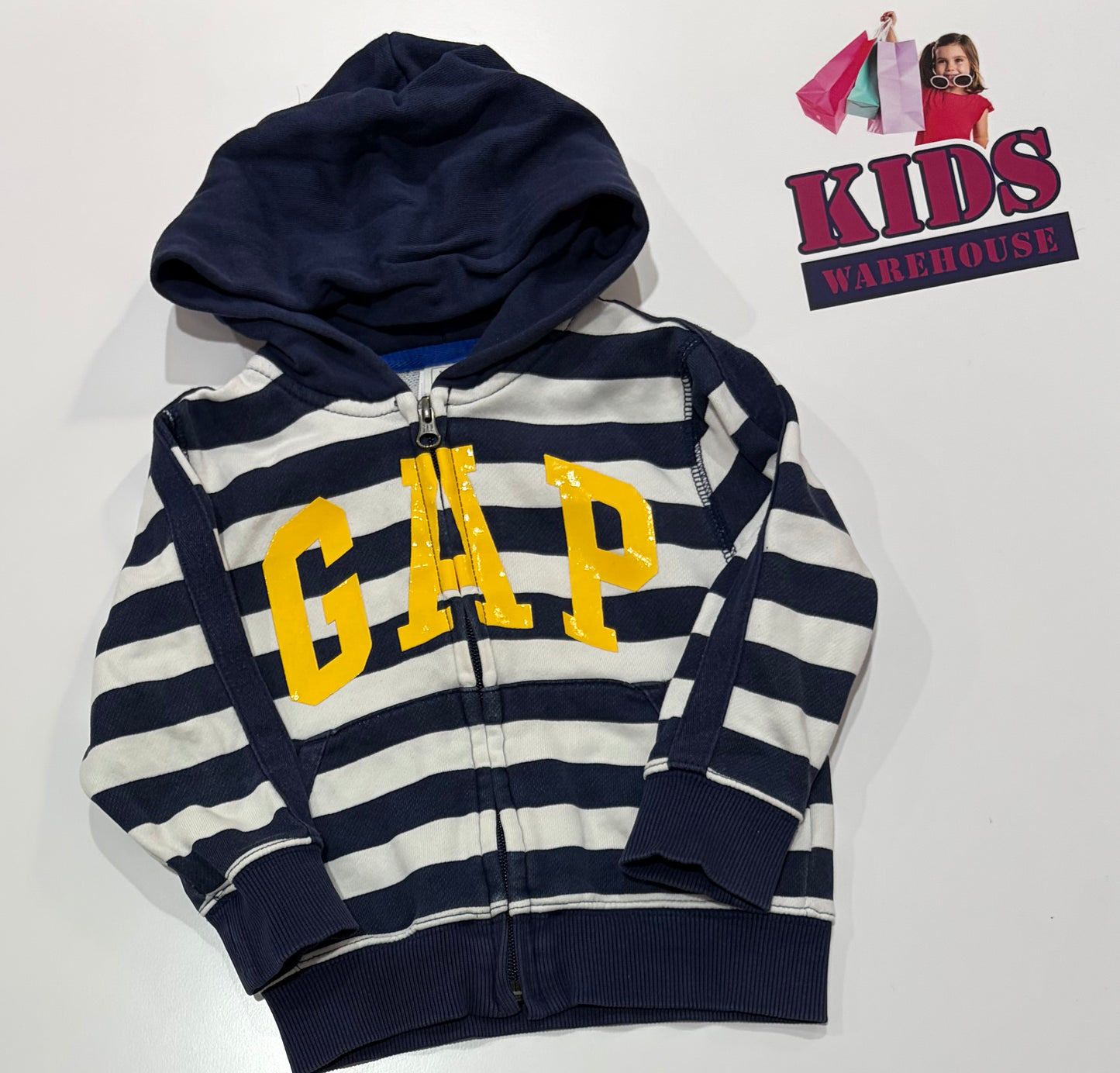 Gap Navy, White Stripe, Logo Print Hoodie Size 2