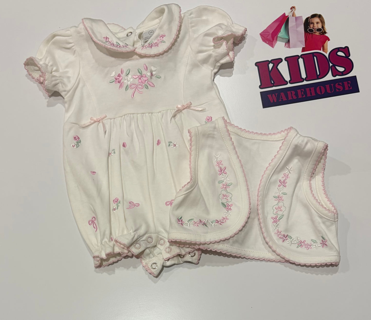 Little Wonders White, Pink Floral Print Jumpsuit & Cardigan 2 Piece Set Size 00