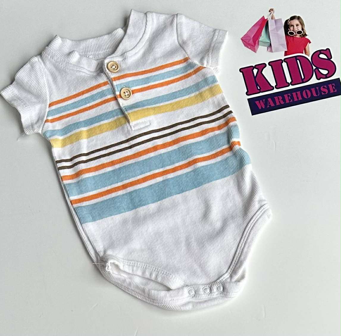 Peyton & Scout White, Blue, Orange, Yellow Stripe Print Bodysuit Size 00