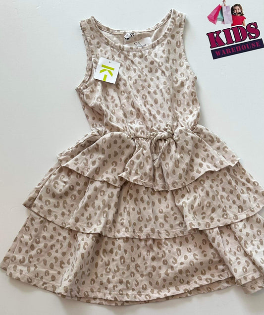 New Cream & Brown Leopard Print Ruffle Dress Size 5