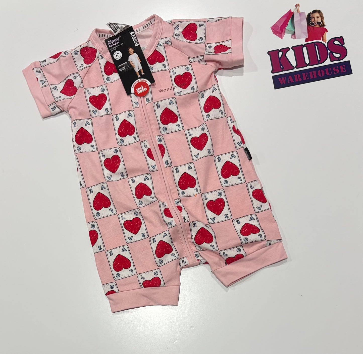 Not Used Bonds Pink, Heart Card Print Wondersuit Size 1
