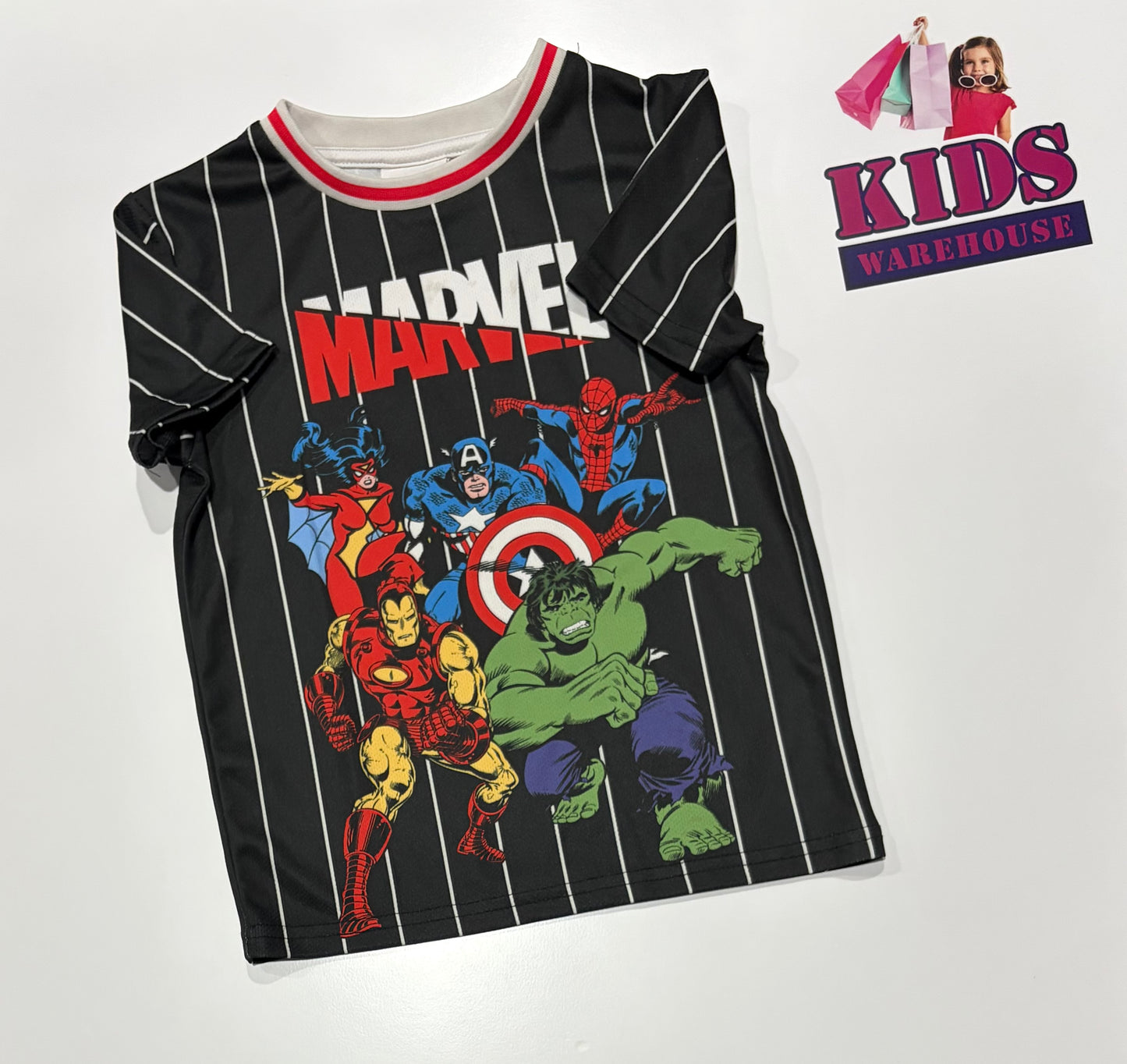 Marvel Black, White Stripe, Characters Print Top Size 5