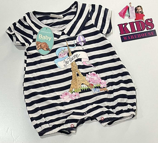 New Peter Alexander White & Navy Blue Bodysuit With Eiffel Tower Print Size 000