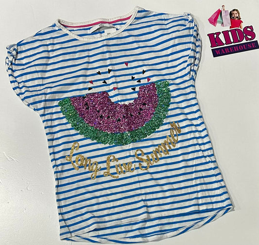 M&S Blue & White Top With Sparkly Watermelon Print Size 8-9