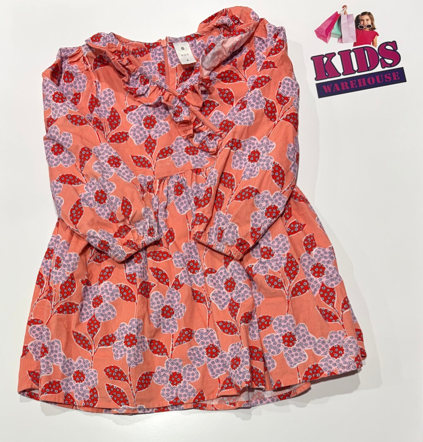 Orange, Red, Pink Floral Print Corduroy Dress Size 5