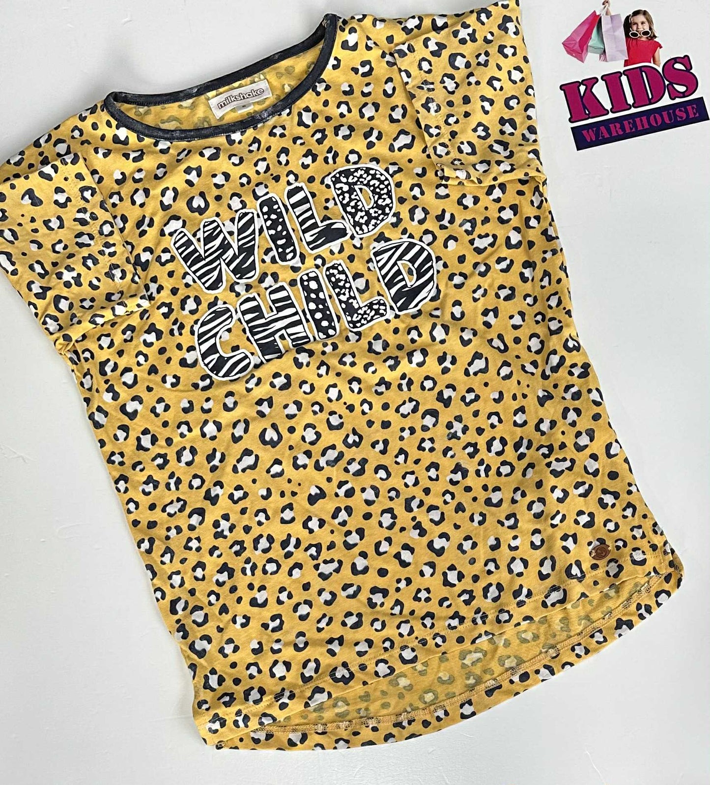 Milkshake Yellow Top With Black Leopard Pattern & “Wild Child” Print Size 8