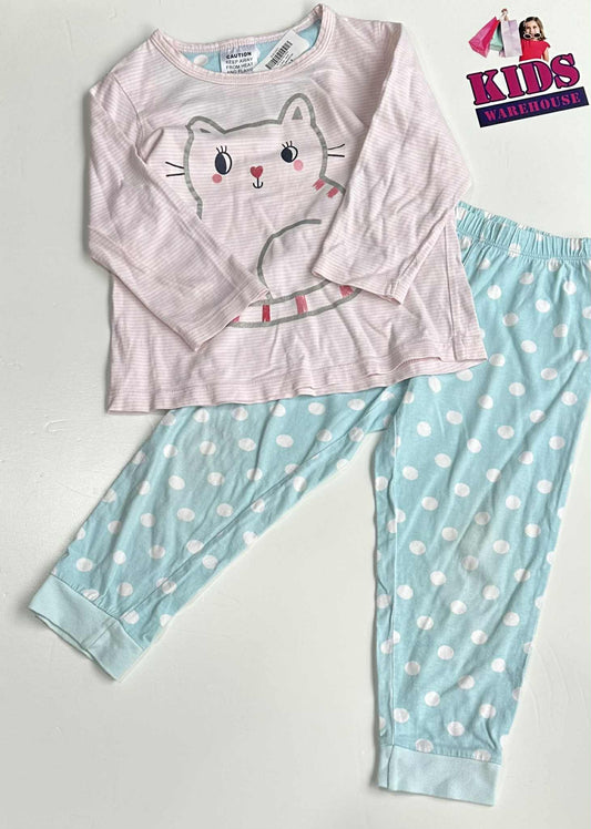 Milkshake Pink & Blue 2 Piece PJ Set With Cat Print Size 3