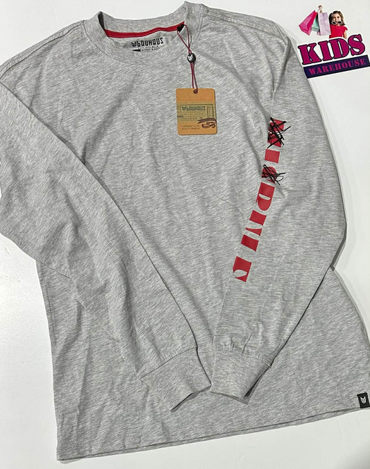 New Bauhaus Grey Top With Red “Misrule” Print On Sleeve Size 14