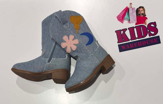 Denim Cowboy Boots With Colourful Leather Patches Size 9 (Child)
