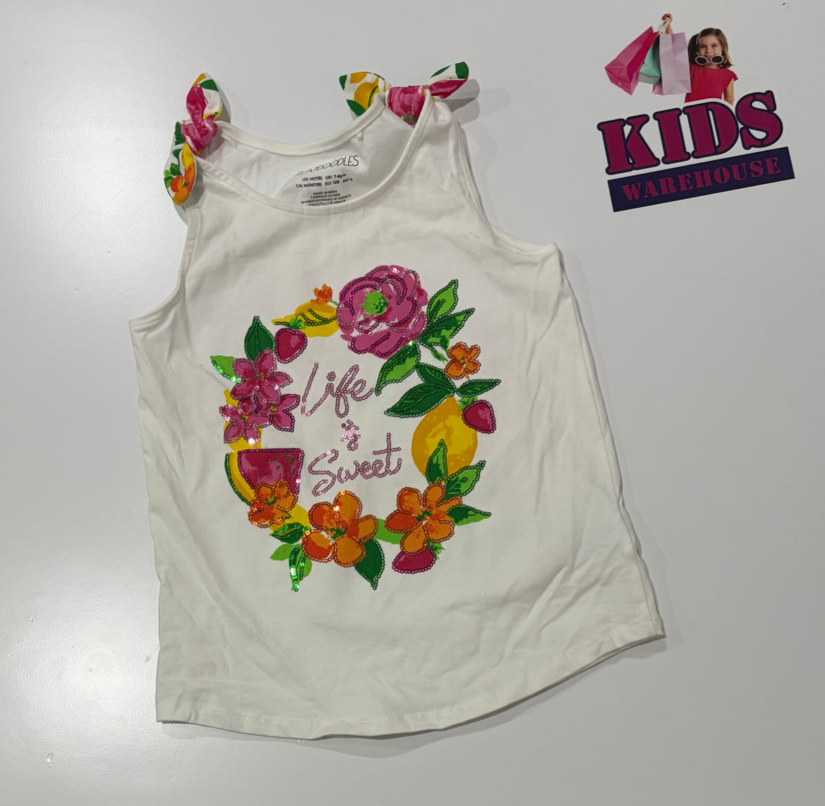 Flap Doodles White, Floral Print Singlet Size 8