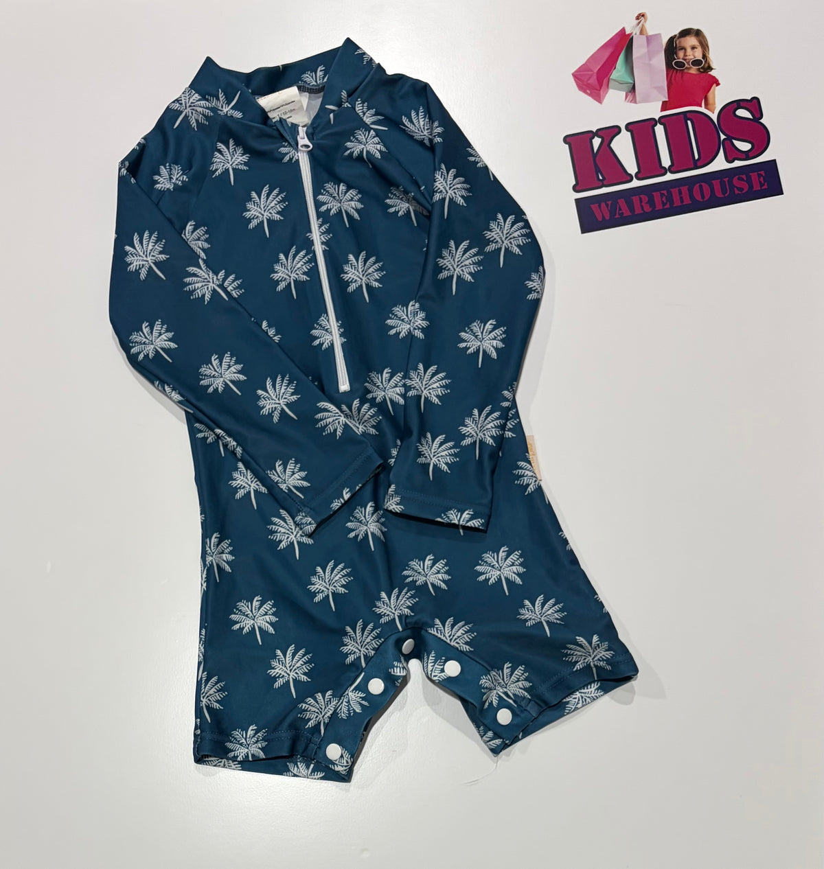 Bare & Boho Blue, White Palm Tree Print Swim Suit & Hat 2 Piece Set Size 1