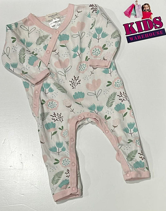 Pigeon Organics White & Pink Jumpsuit With Leaf & Flower Pattern Size 000
