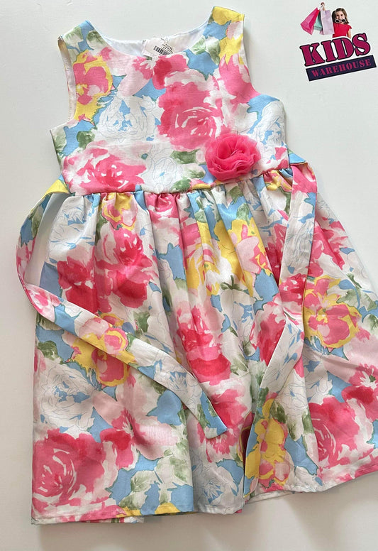 White, Pink, Blue and Yellow Rose Dress Size 7