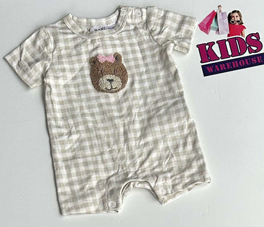 Cotton-On Baby Cream, White Check Bear Print Jumpsuit Size 0000