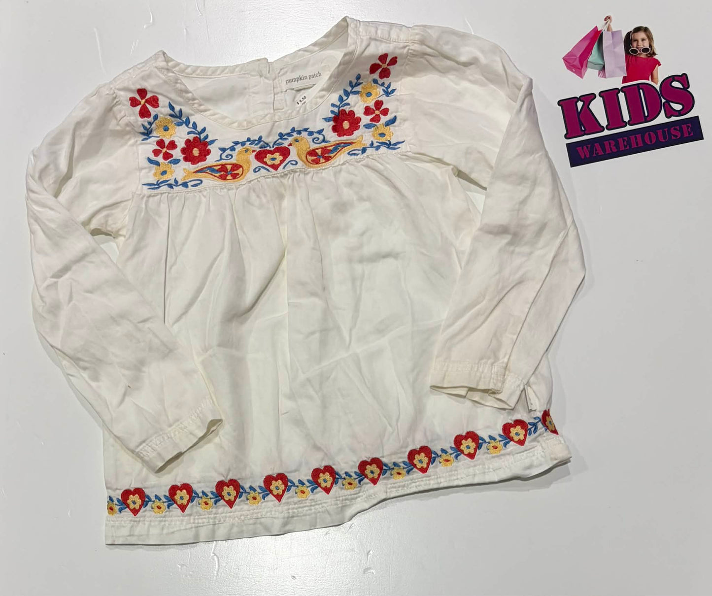 Pumpkin Patch White Long Sleeve Top With Red & Yellow Flower Pattern Size 4