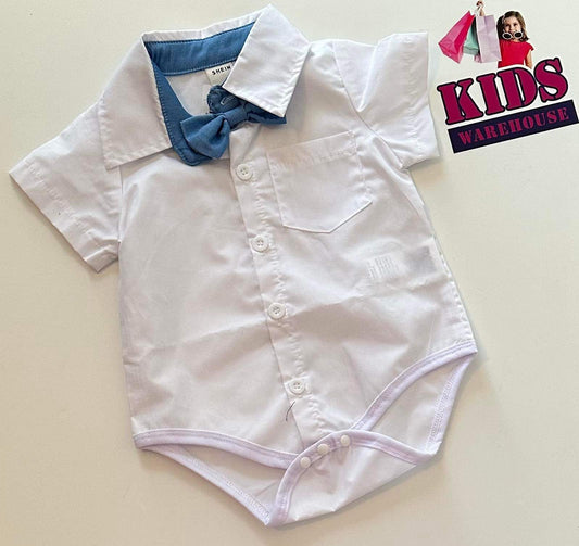 White with Blue Bowtie Button Up Shirt Onesie Size 00